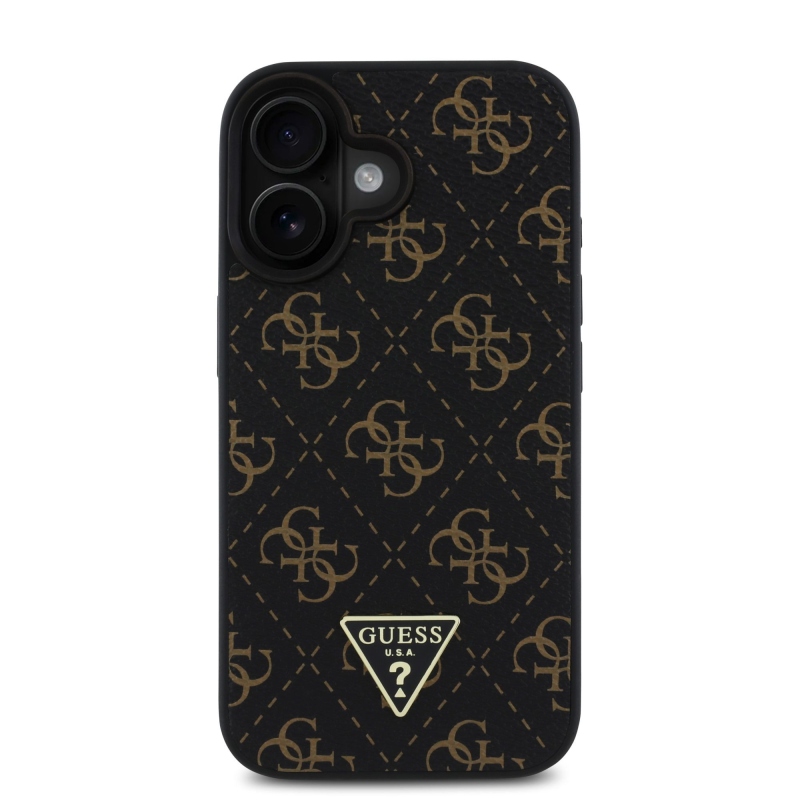 Guess PU bőr 4G háromszög fém logó hátlap iPhone 16 fekete