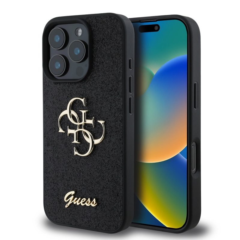 Guess PU Fixed Glitter 4G fém logó hátlap iPhone 16 Pro Fekete