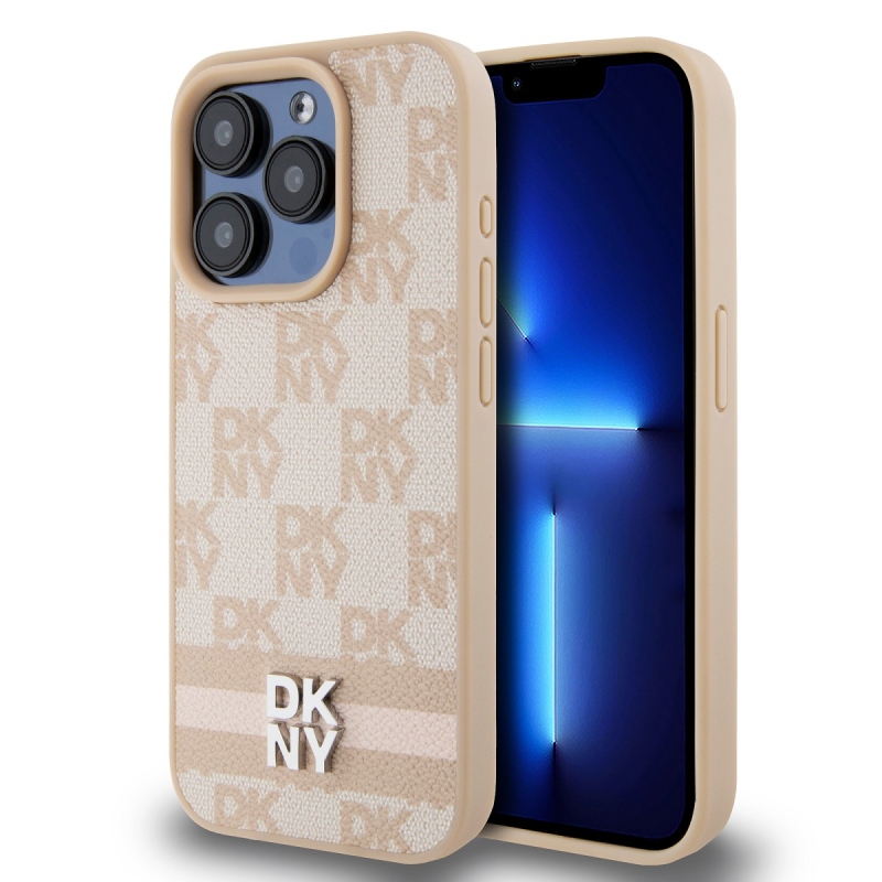 DKNY PU bőr kockás mintás és csíkos hátlapi borító iPhone 13 Pro Max rózsaszínhez