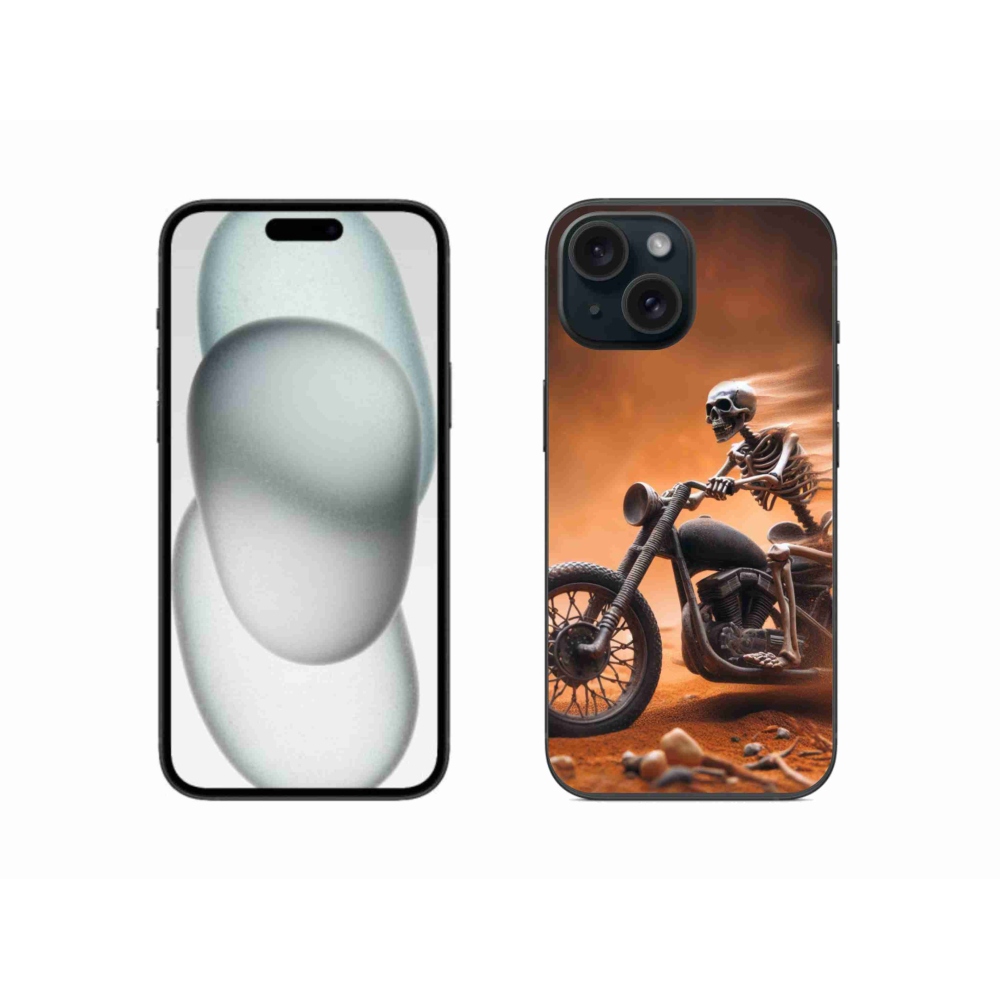 Zselés borítás mmCase iPhone 15 készülékhez - csontváz egy motorkerékpáron