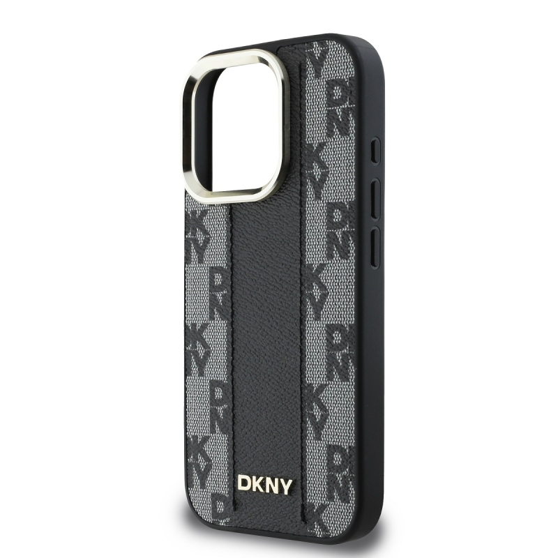 DKNY PU bőr kockás mintás Magsafe hátlap iPhone 16 Pro Fekete