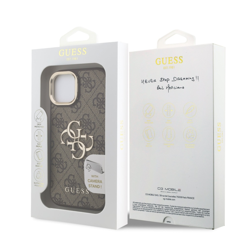 Guess PU 4G fém logó állvány kamera keret hátlap iPhone 15 barna barna