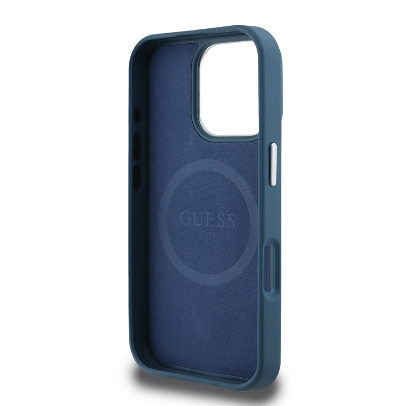 Guess PU szemcsés, háromszög alakú logós hátlap iPhone 16 Pro Max-hoz Kék