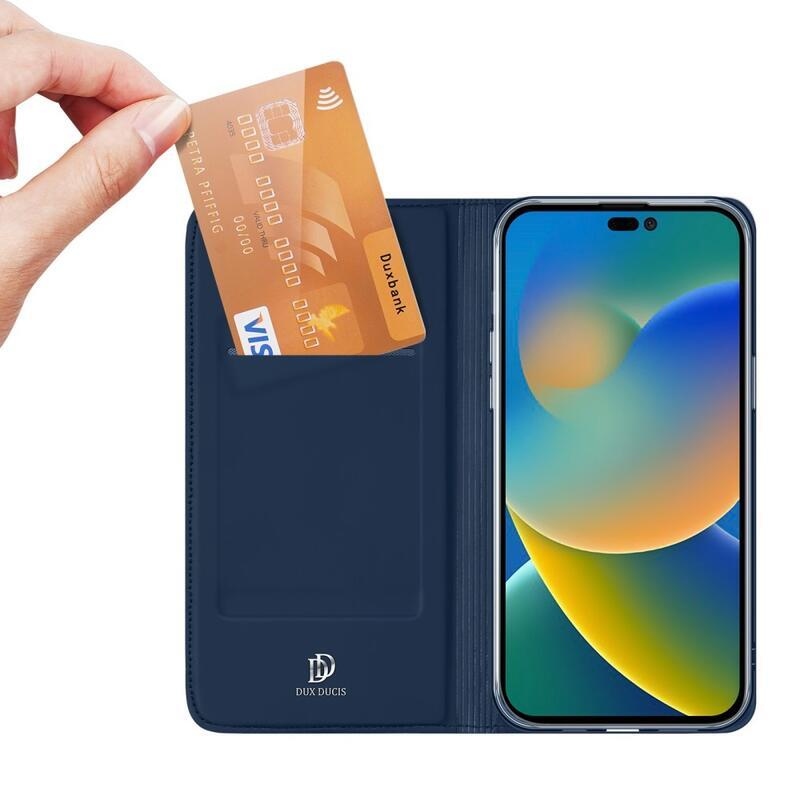 DUX elegáns PU bőr tok iPhone 14 Pro Max 6.7 készülékhez - sötétkék