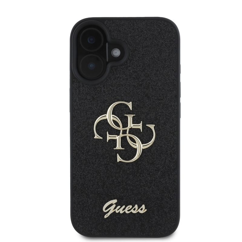 Guess PU Fixed Glitter 4G fém logó hátlap iPhone 16-hoz Fekete