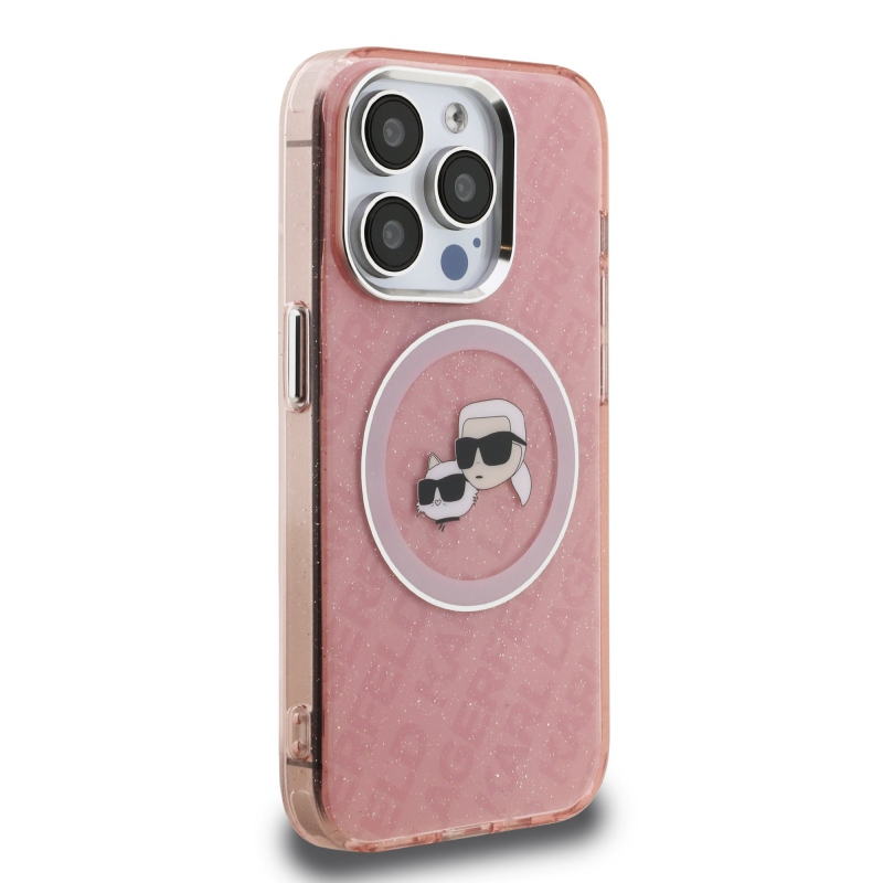 Karl Lagerfeld IML K&CH Heads Ismételt logó MagSafe hátlapi borító iPhone 15 Pro rózsaszínhez