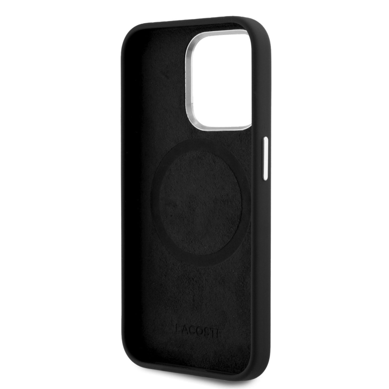 Lacoste Liquid Silicone Microfiber Silver Croc Logo MagSafe hátlap iPhone 15 Pro Fekete