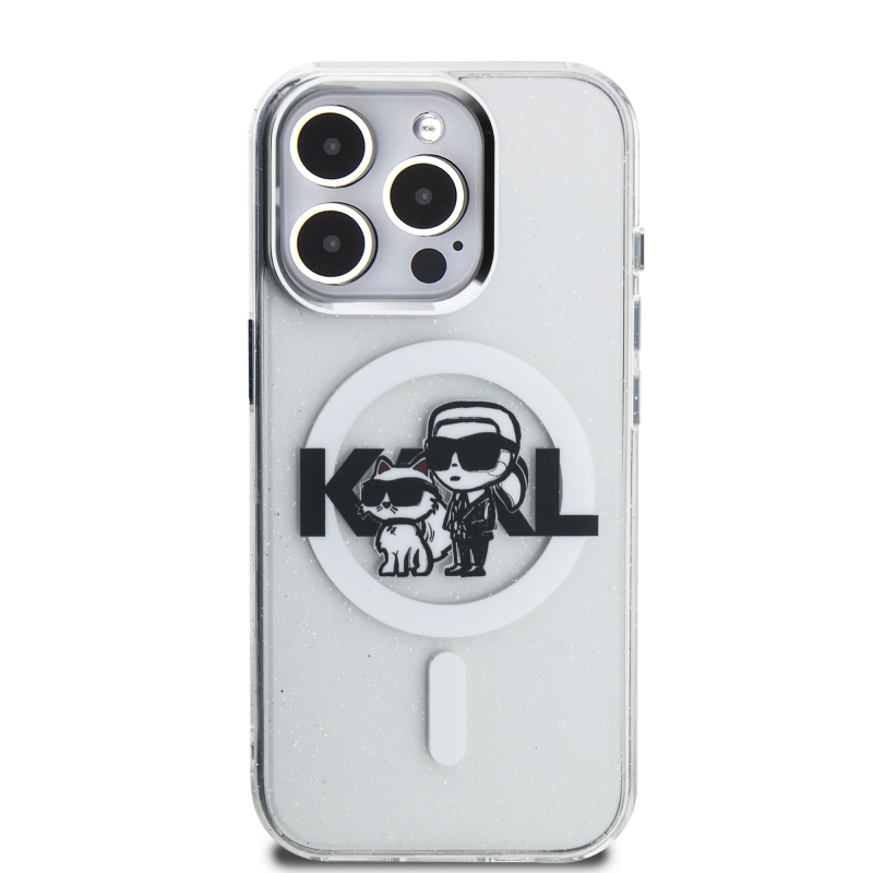 Karl Lagerfeld IML Glitter Karl és Choupette Sketch MagSafe hátlap iPhone 15 Pro Max-hoz Átlátszó