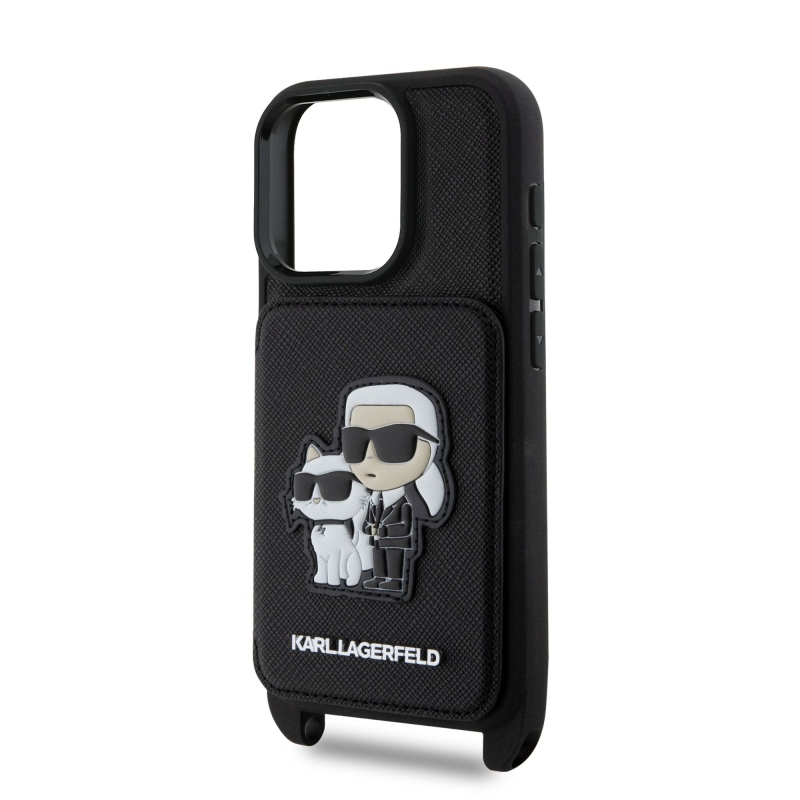 Karl Lagerfeld Saffiano Crossbody Strap Karl és Choupette borító iPhone 16 Pro-hoz Fekete