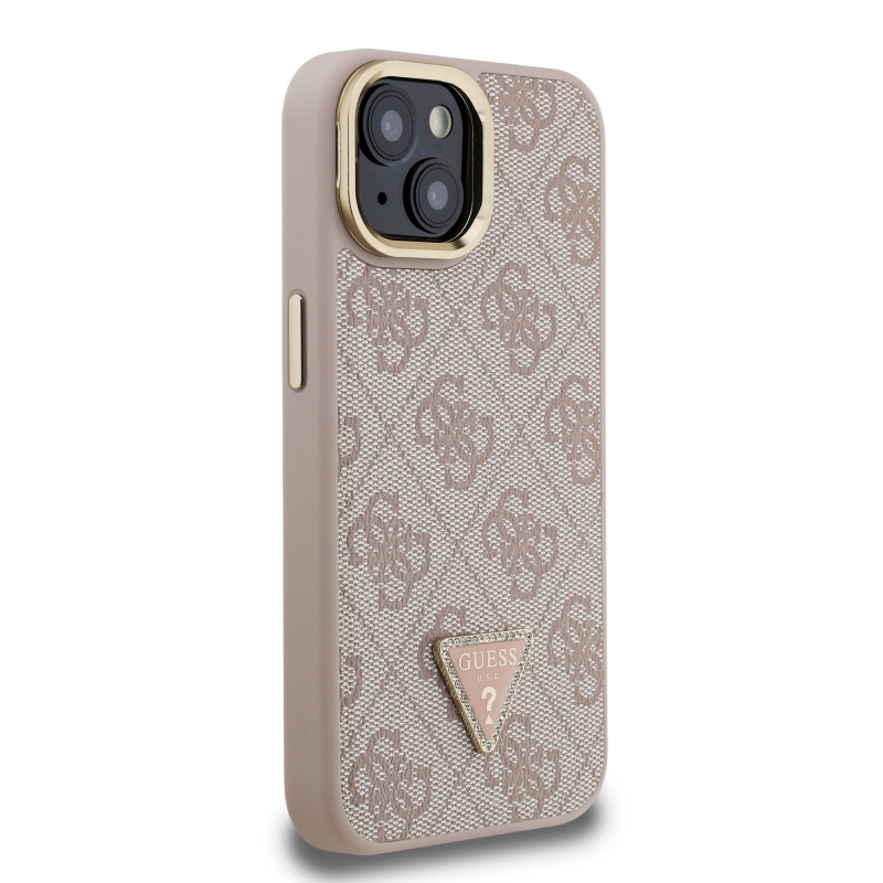 Guess PU 4G Strass háromszög logó állvány kamerakeret MagSafe hátlapi borító iPhone 13 rózsaszínhez
