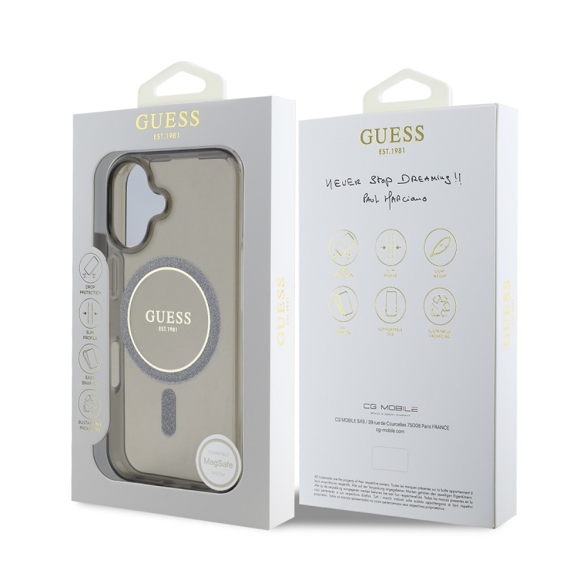 Guess IML Glitter Ring MagSafe hátlap iPhone 16-hoz Fekete