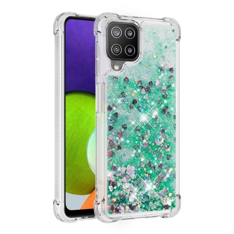Glitter homokóra zselés tok Samsung Galaxy A22 4G - zöld/szívek