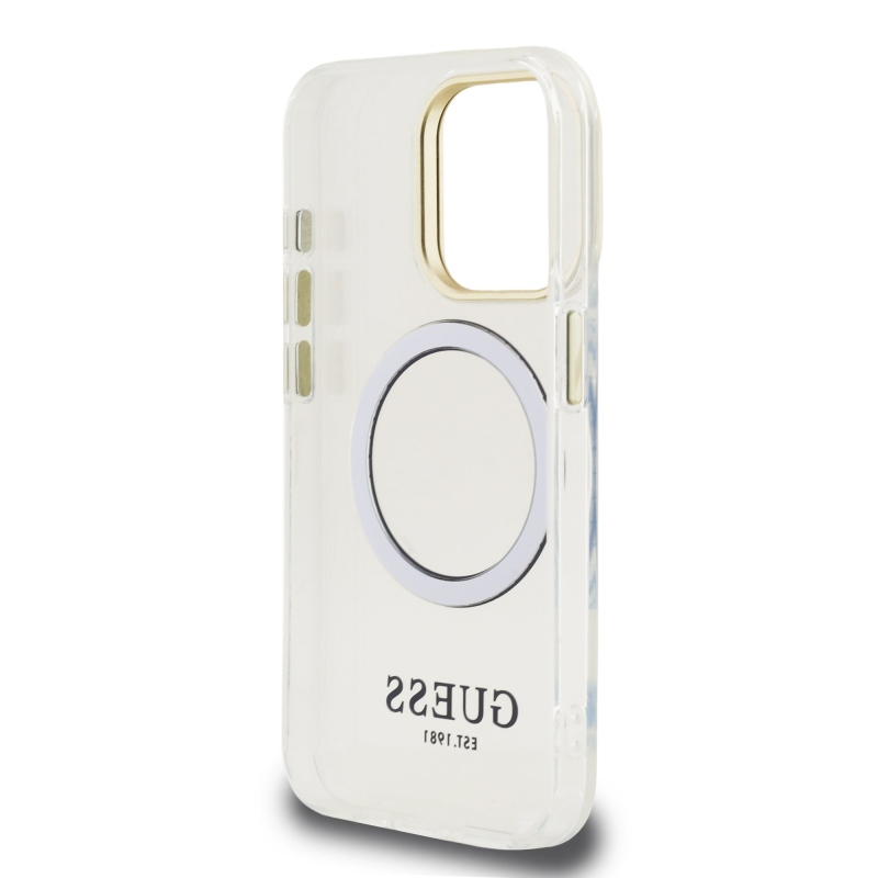 Guess IML Gold Outline Stand Kamera keret MagSafe hátlapi borító iPhone 15 Pro átlátszóhoz