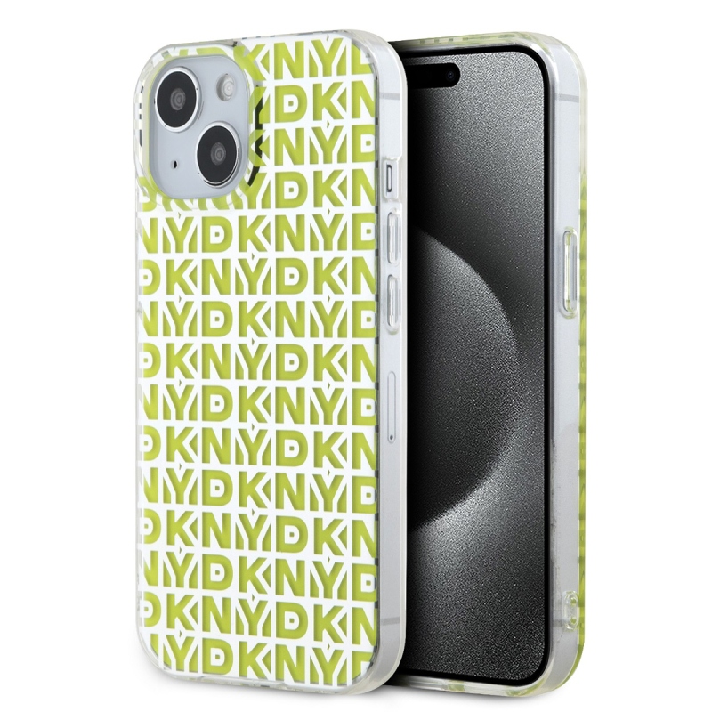 DKNY PC/TPU ismétlődő mintás hátsó borító iPhone 15 készülékhez Sárga