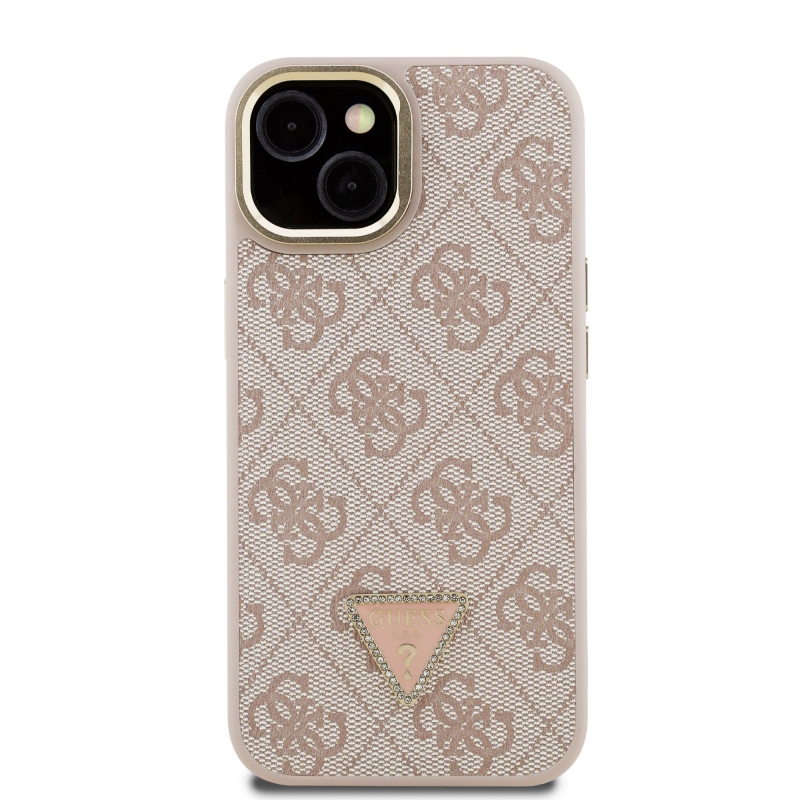 Guess PU 4G Strass háromszög logó állvány kamerakeret MagSafe hátlapi borító iPhone 13 rózsaszínhez
