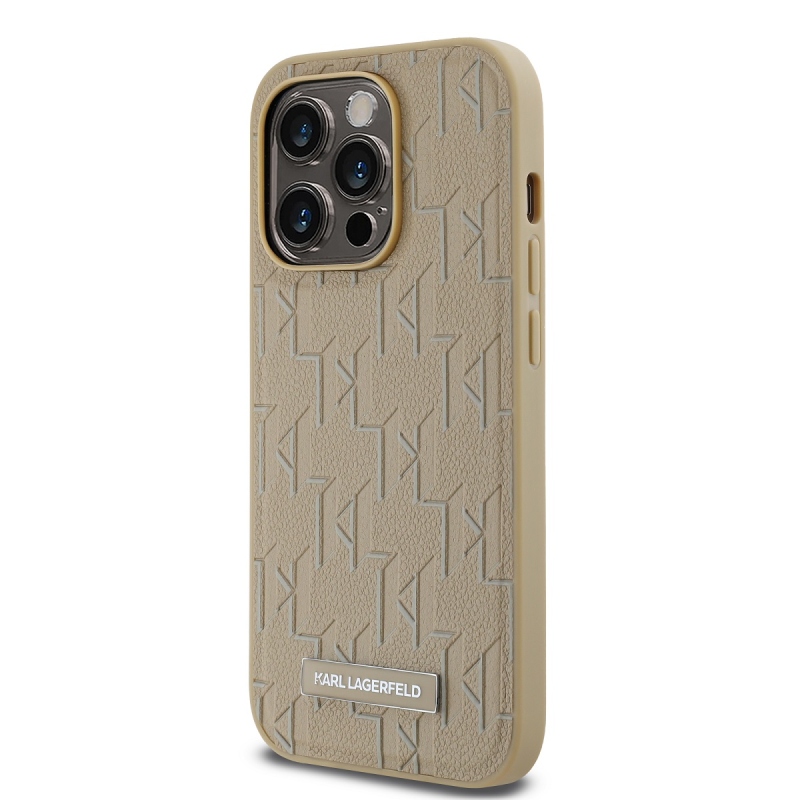 Karl Lagerfeld PU bőr monogram fém logó Magsafe hátlap iPhone 14 Pro bézs színű borítóhoz