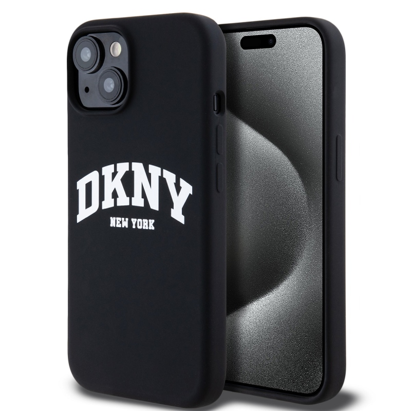 DKNY Liquid Silicone Arch Logo MagSafe hátlapi borító iPhone 15-hez Fekete