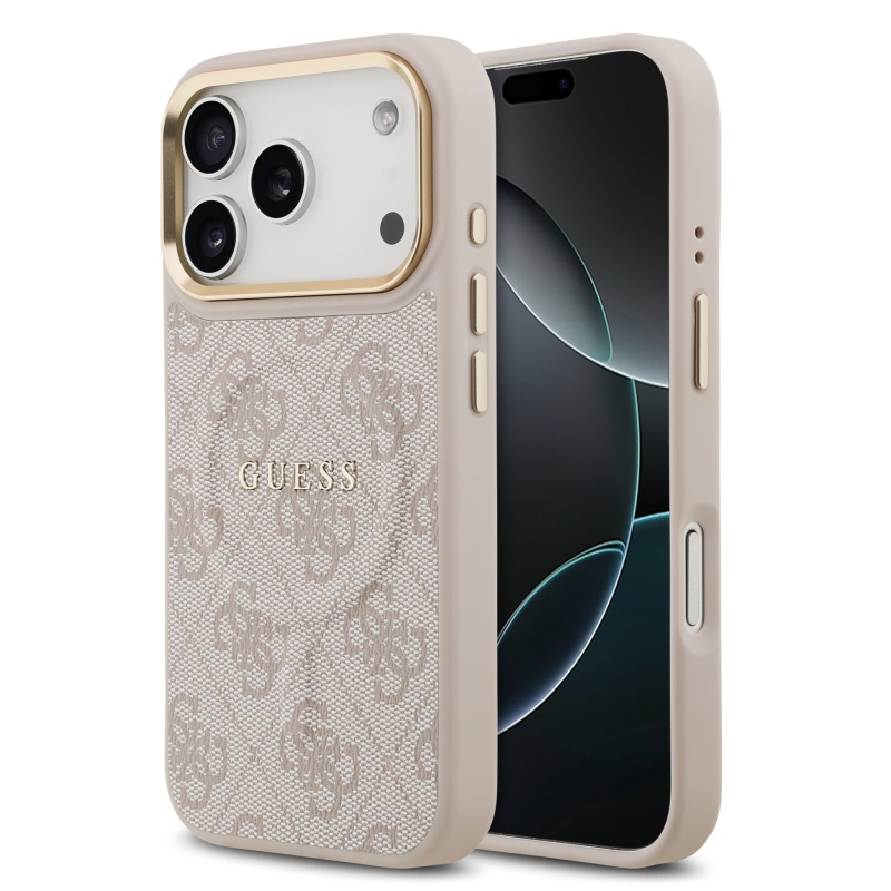 Guess PU bőr 4G aranykeret MagSafe hátlap iPhone 17 Pro rózsaszínű borítóhoz