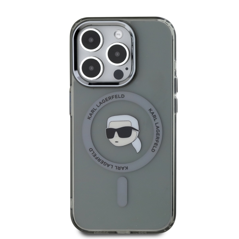 Karl Lagerfeld IML Karl Head fémkeret MagSafe hátlapi borító iPhone 15 Pro Max-hoz Fekete