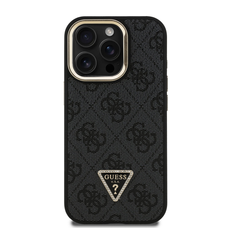 Guess PU 4G Strass háromszög logó állvány kamerakeret MagSafe hátlapi borító iPhone 15 Pro Fekete