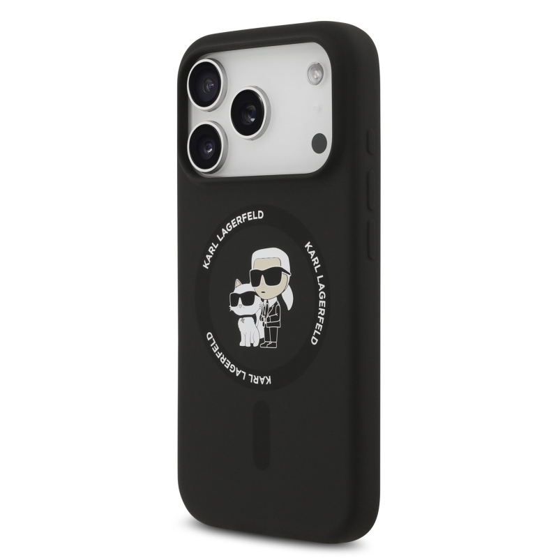 Karl Lagerfeld Folyékony szilikon Karl és Choupette MagSafe hátlap iPhone 17 Pro-hoz Fekete