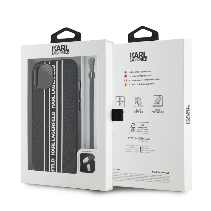 Karl Lagerfeld PU Saffiano Athleisure csíkos és pántos hátlapi borító iPhone 15 rózsaszínű készülékhez