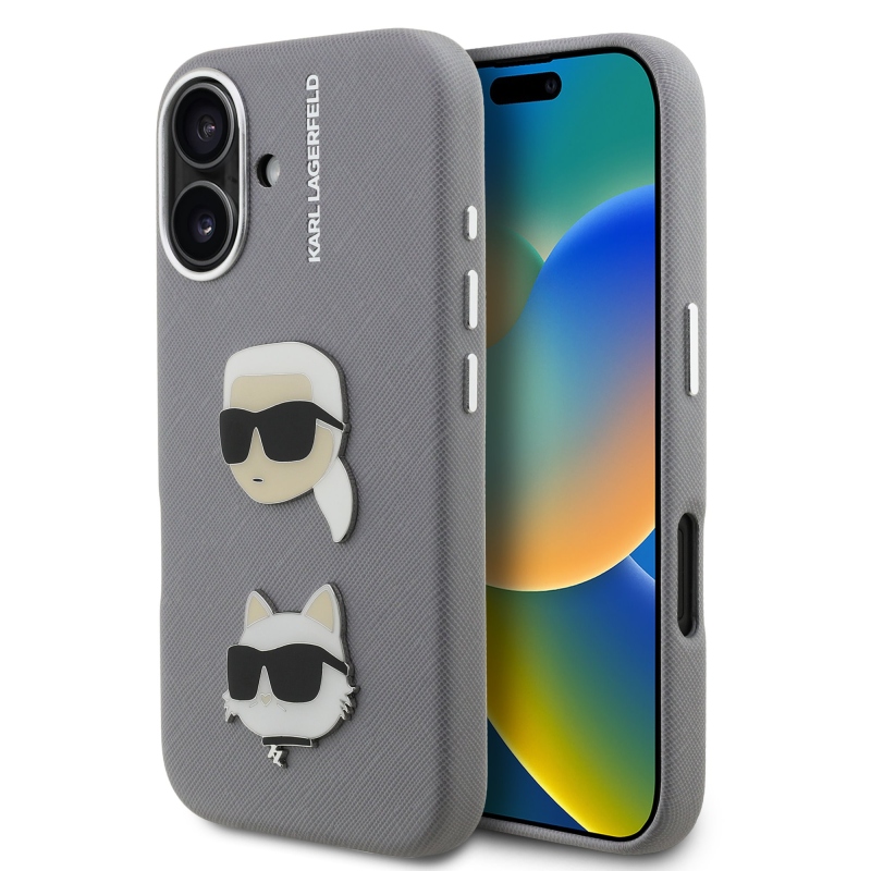 Karl Lagerfeld szemcsés PU K&CH Heads hátlap iPhone 16 szürke készülékhez