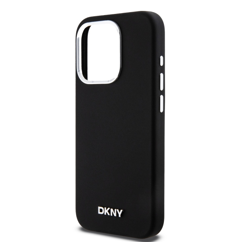 DKNY Liquid szilikon ezüst fém logó Magsafe hátlap iPhone 15 Pro Fekete