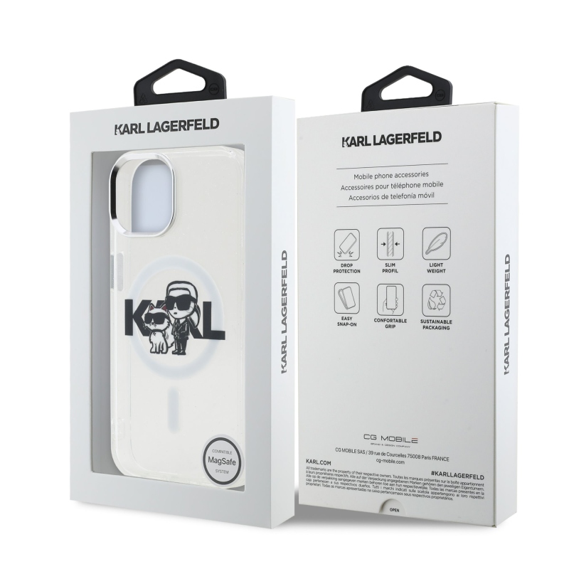 Karl Lagerfeld IML Glitter Karl és Choupette Sketch MagSafe hátlap iPhone 15-hez Átlátszó
