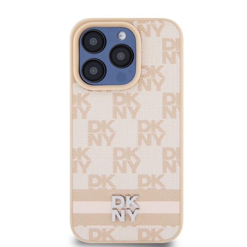 DKNY PU bőr kockás mintás és csíkos hátlapi borító iPhone 13 Pro rózsaszínhez