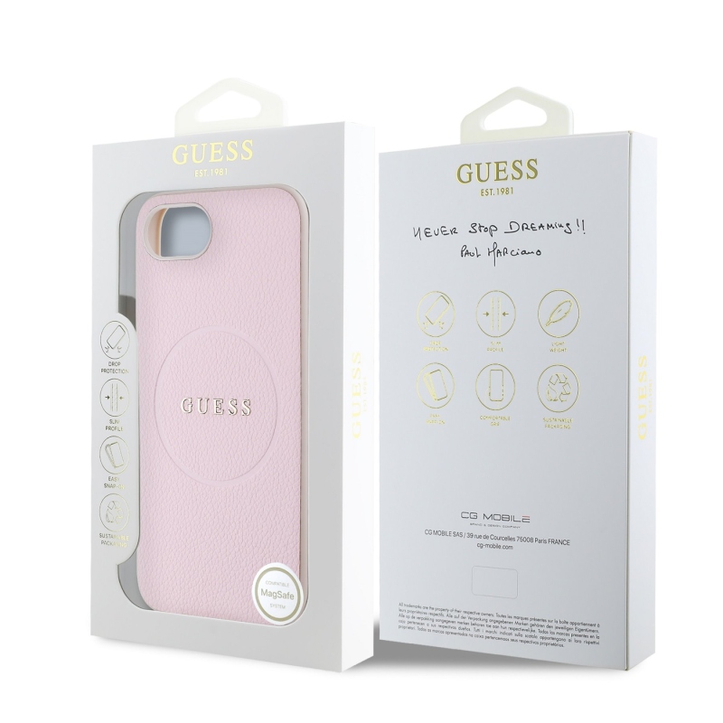 Guess PU szemcsés klasszikus logóval ellátott MagSafe hátlap iPhone 16e rózsaszínhez