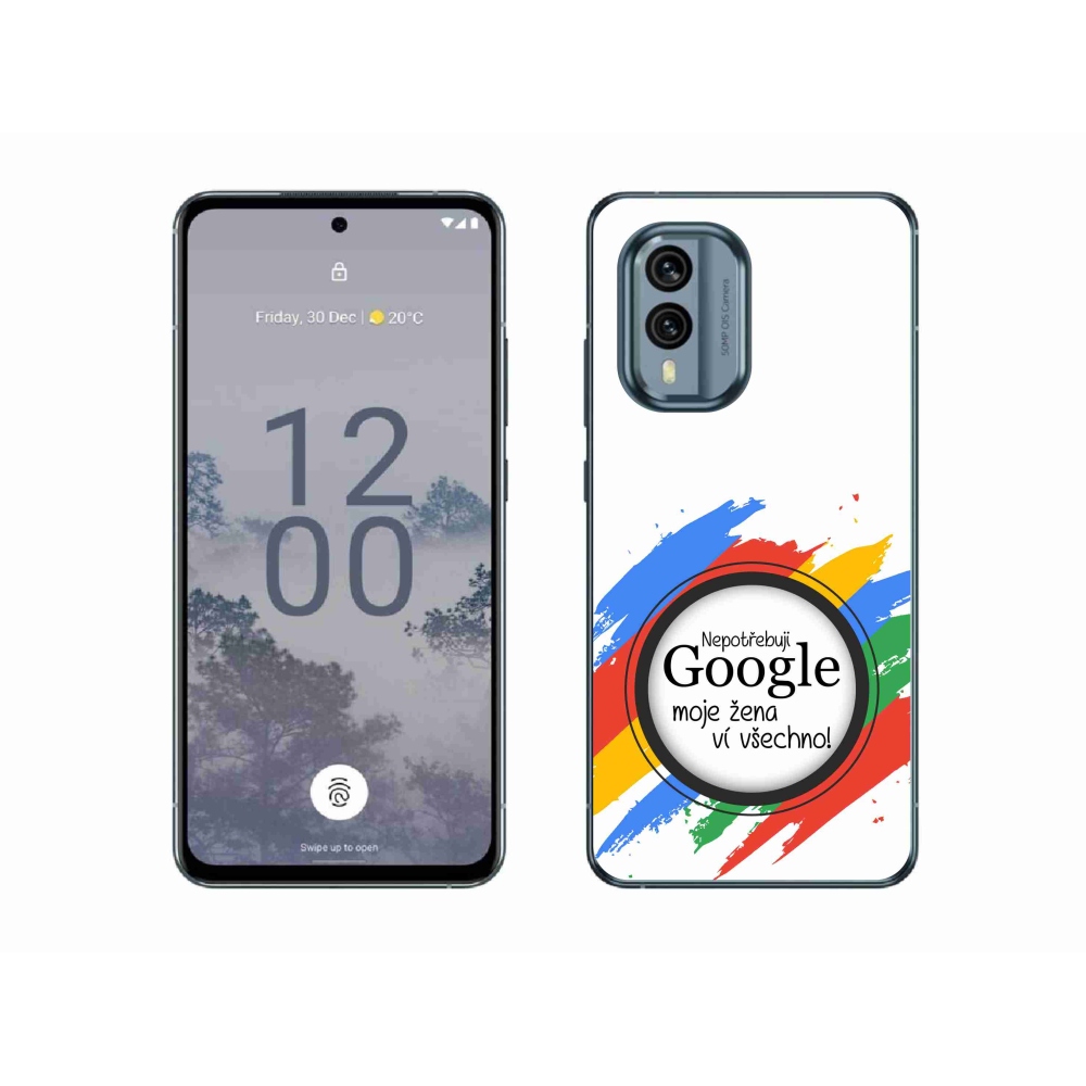 Zselés borítás mmCase a Nokia X30 5G-n - a nő tudja, hogy a háttér teljesen fehér
