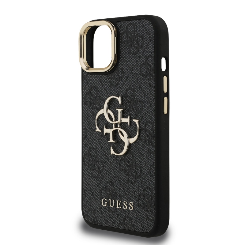 Guess PU 4G fém logó állvány kamera keret hátlapja iPhone 15 Fekete fekete