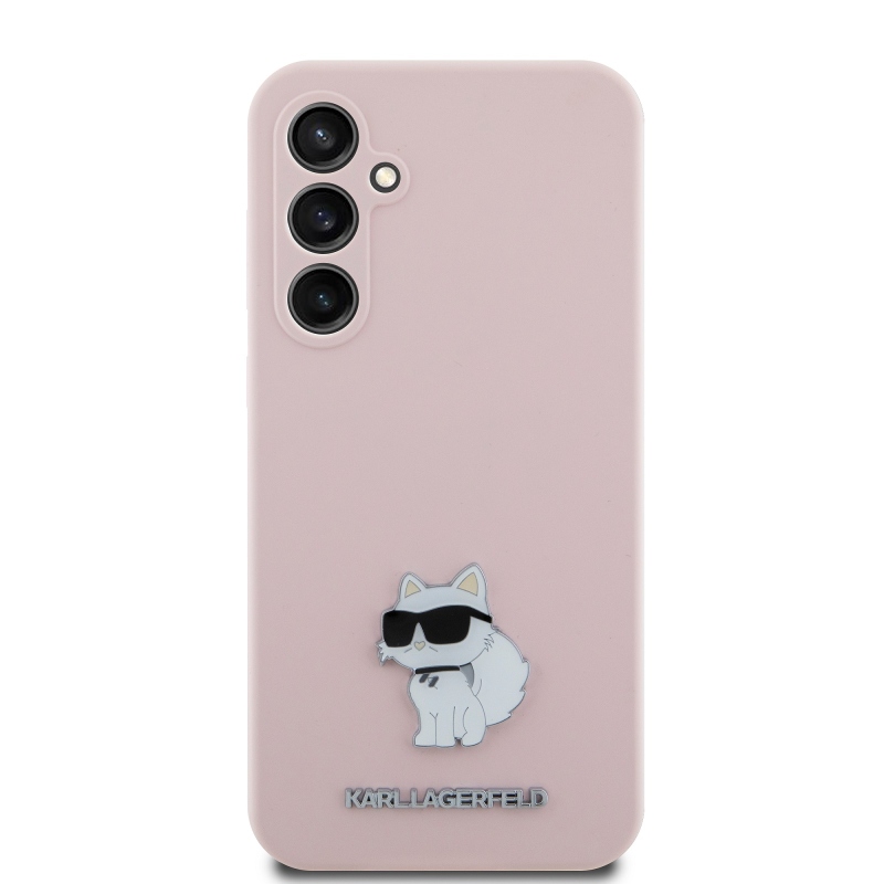 Karl Lagerfeld Folyékony szilikon fém Choupette hátlap Samsung Galaxy S23 FE rózsaszínű hátlaphoz