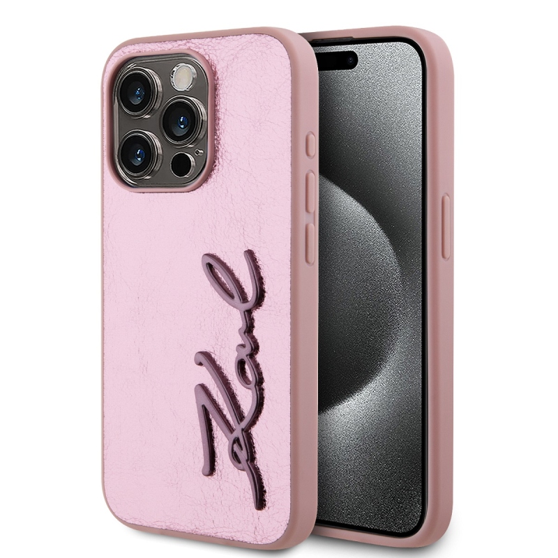 Karl Lagerfeld gyűrött PU aláírás logós hátlap iPhone 15 Pro Max rózsaszínű készülékhez