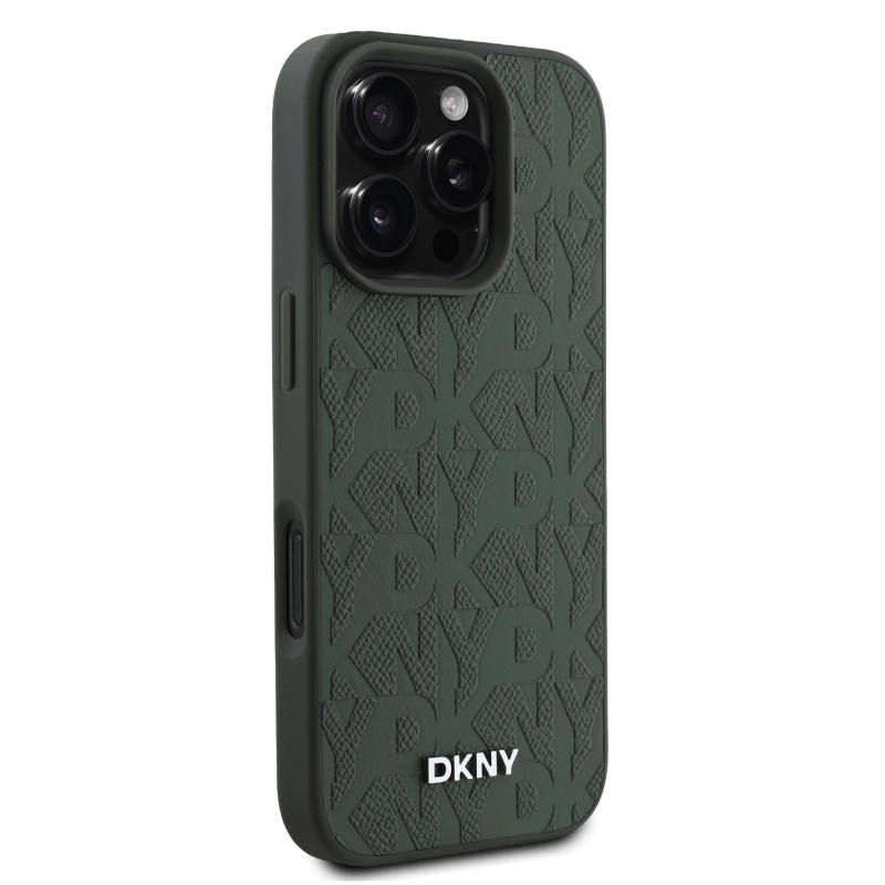 DKNY Magsafe PU bőr rácsmintás hátlap iPhone 16 Pro készülékhez, zöld
