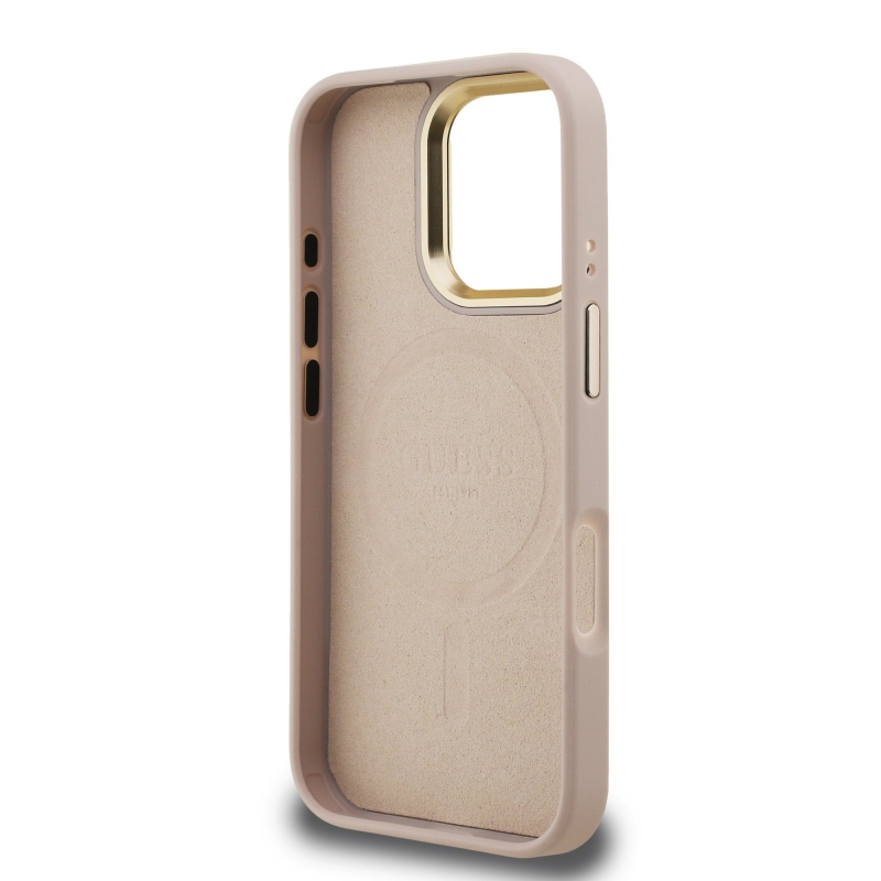 Guess PU 4G Strass háromszög logó állvány kamerakeret MagSafe hátlapi borító iPhone 16 Pro rózsaszínhez