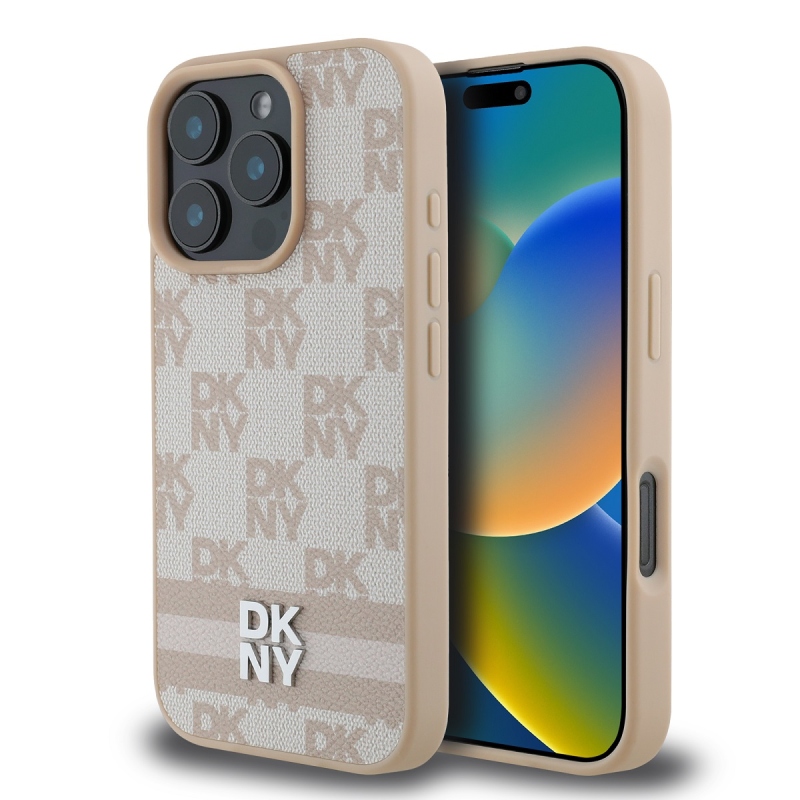 DKNY PU bőr kockás mintás és csíkos hátlapi borító iPhone 16 Pro Max rózsaszínhez