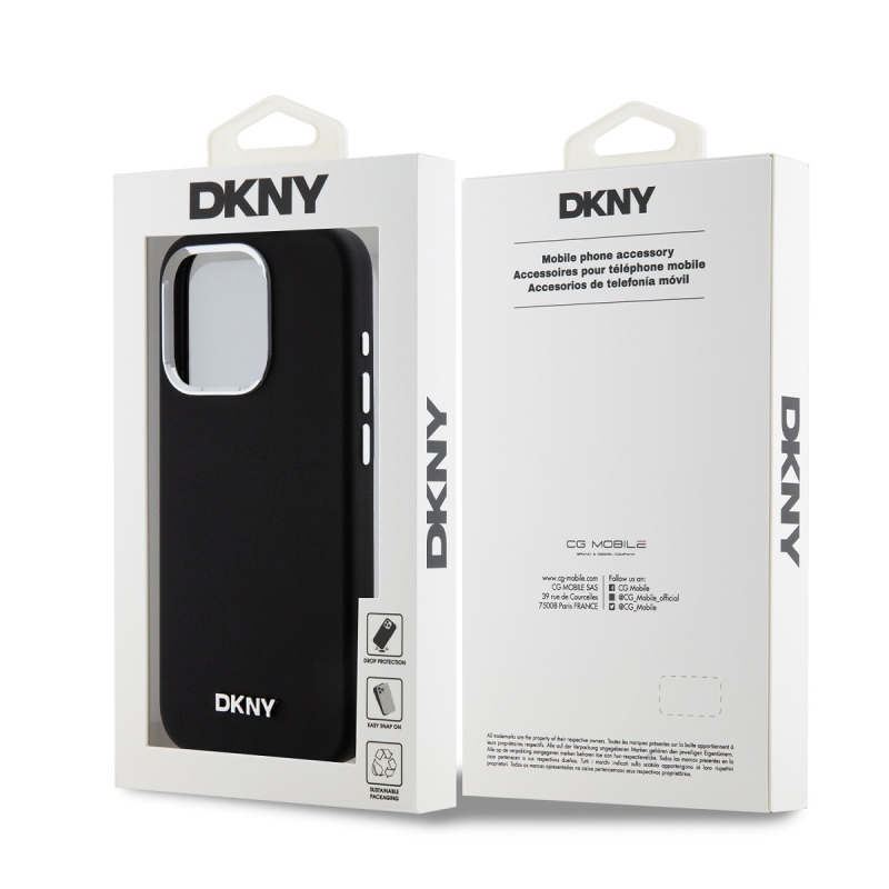 DKNY Liquid szilikon ezüst fém logó Magsafe hátlap iPhone 15 Pro Fekete