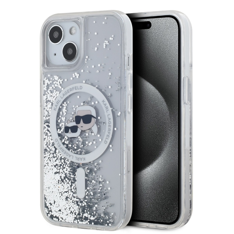 Karl Lagerfeld Liquid Glitter Karl és Choupette fejek MagSafe hátlap iPhone 15-hez Átlátszó