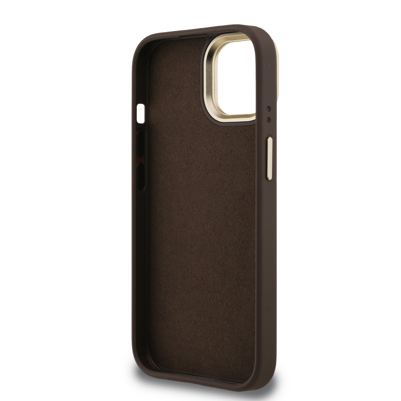 Guess PU 4G fém logó állvány kamera keret hátlap iPhone 15 barna barna