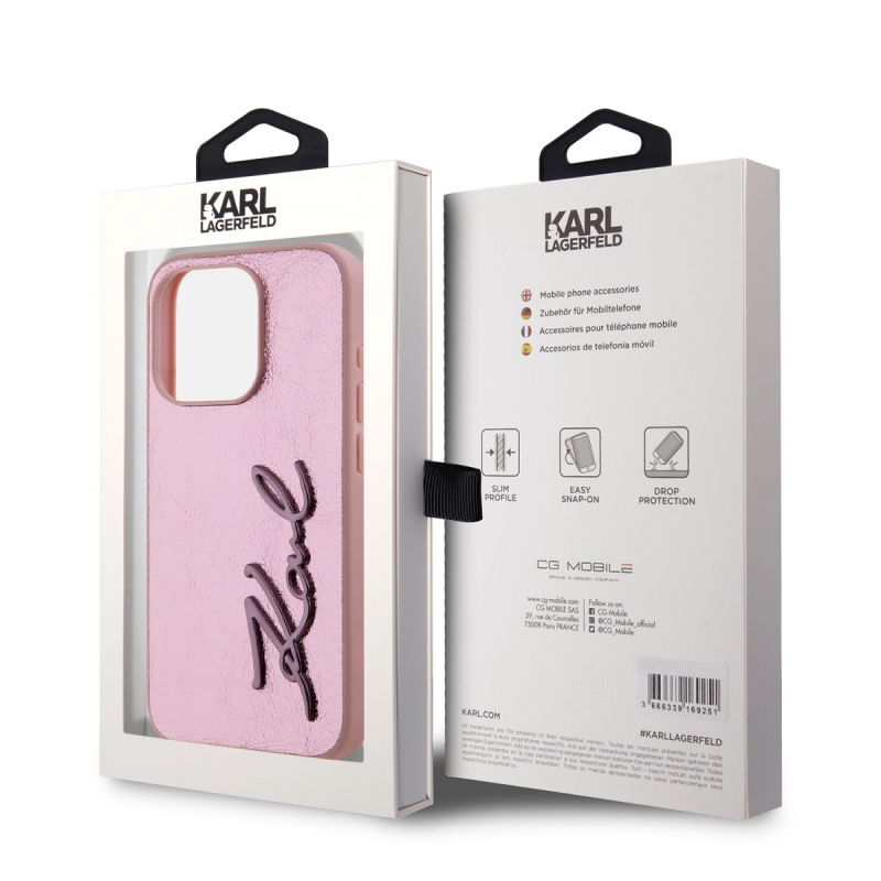 Karl Lagerfeld gyűrött PU aláírás logós hátlap iPhone 15 Pro Max rózsaszínű készülékhez