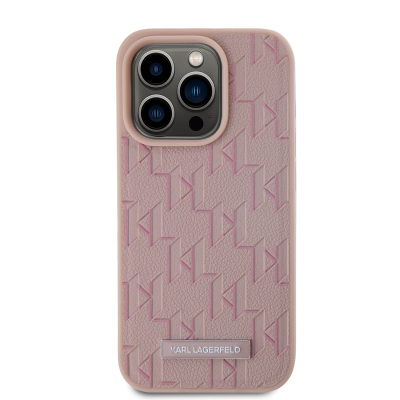 Karl Lagerfeld PU bőr monogram fém logó Magsafe hátlap iPhone 15 Pro Max rózsaszínű iPhone 15 Pro Max számára