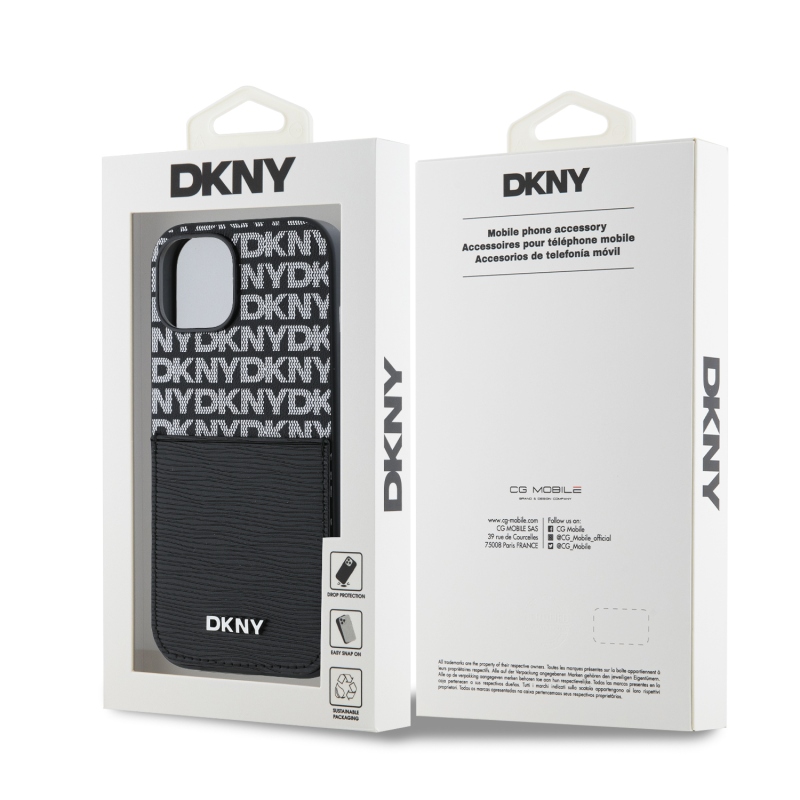 DKNY PU bőr Ismétlődő mintás kártya zseb hátsó borító iPhone 15 Fekete