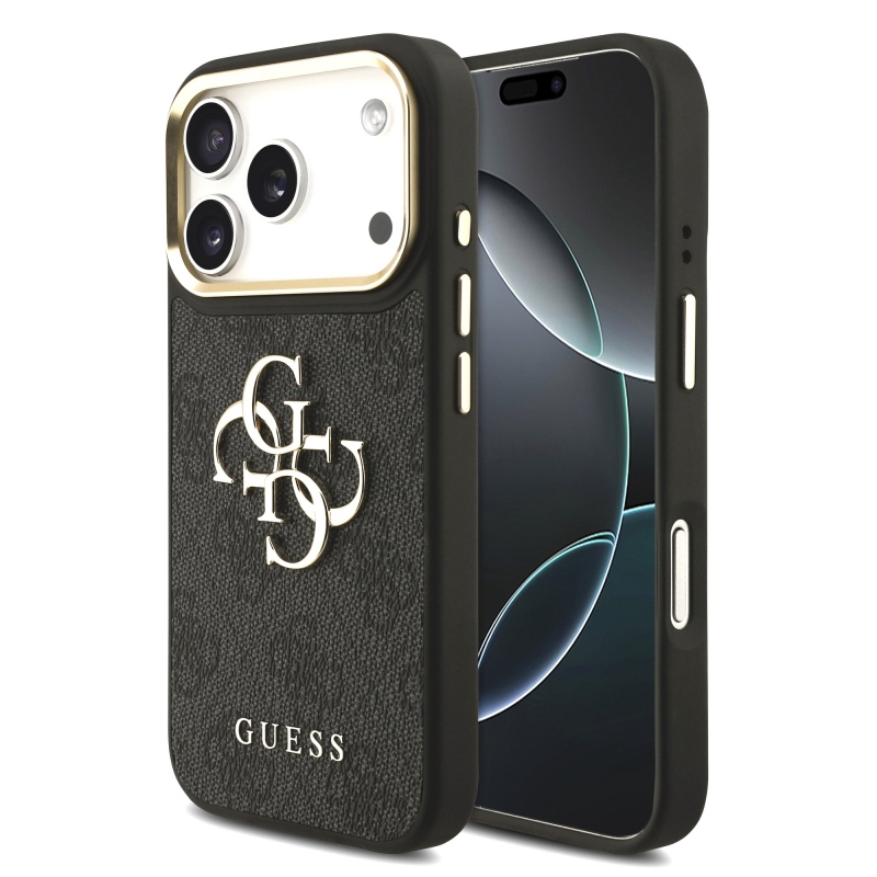 Guess PU bőr 4G fém logó arany keret hátlap iPhone 17 Pro fekete