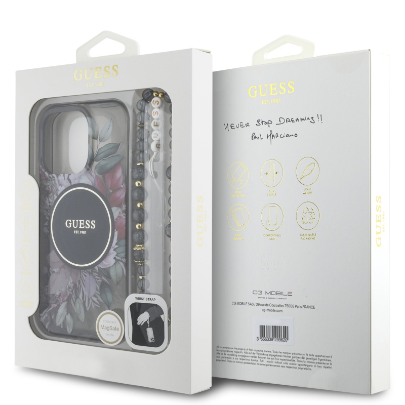 Guess IML Flowers Pearl Strap MagSafe hátlapi borító iPhone 16 Pro Max-hoz Fekete