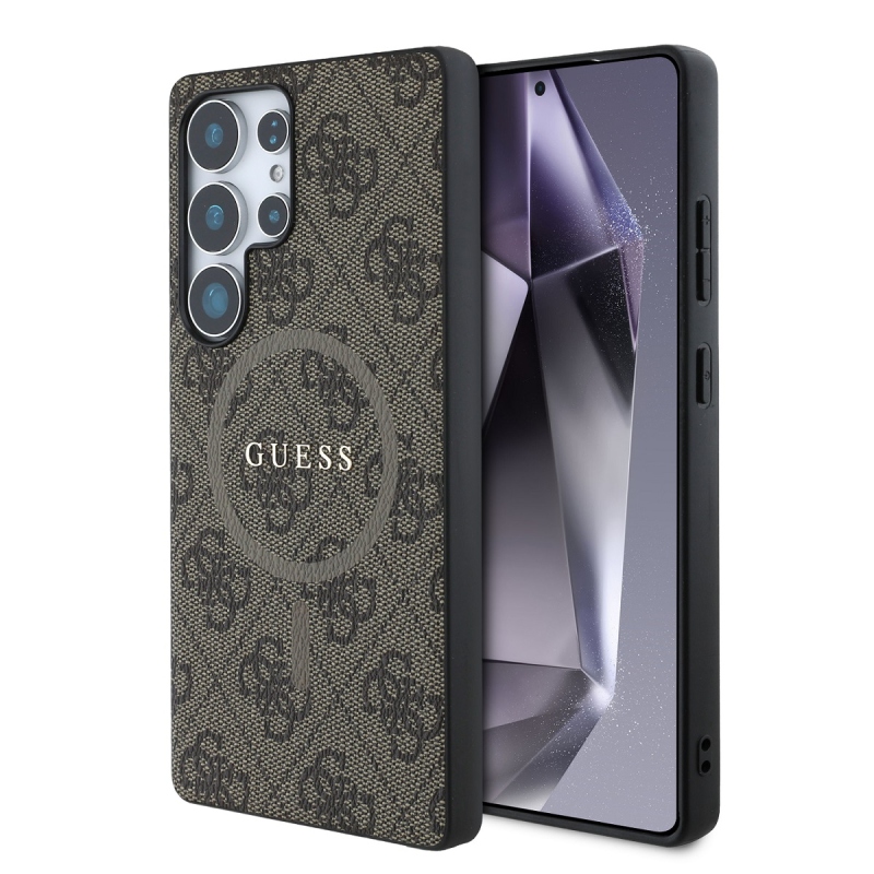 Guess PU bőr 4G színes gyűrűs MagSafe hátlap Samsung Galaxy S25 Ultra Brownhoz