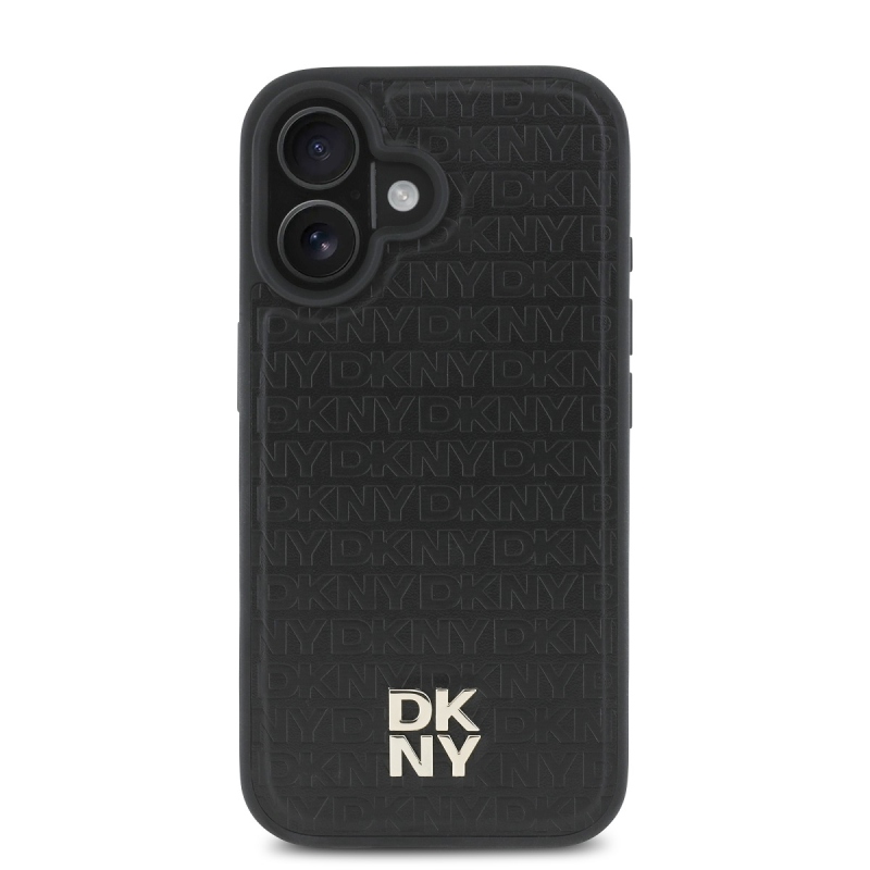DKNY PU bőr Ismétlődő mintás Stack Logo MagSafe hátlap iPhone 16 Plus-hoz Fekete