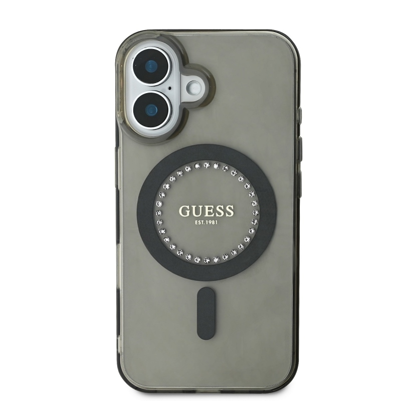 Guess IML strasszos gyűrű MagSafe hátlap iPhone 16-hoz Fekete