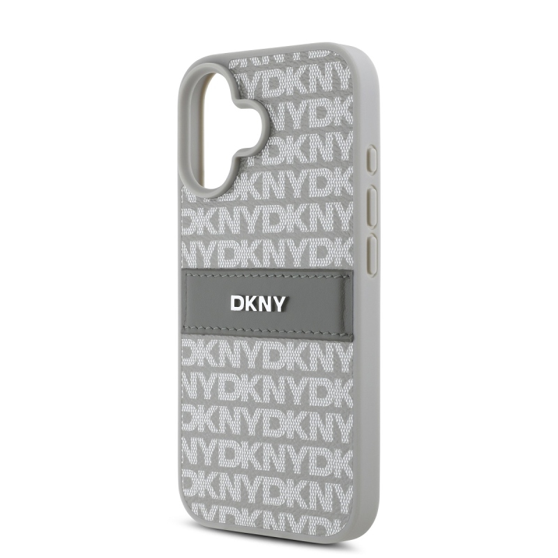 DKNY PU bőr ismétlődő mintás tonális csíkos hátlapi borító iPhone 16 bézs színűre